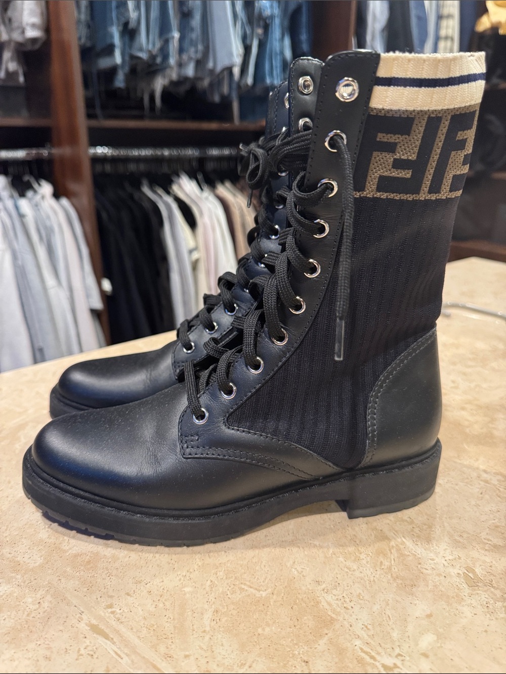 Fendi Black Combat Lace-Up Boots with Beige Logo Cuff